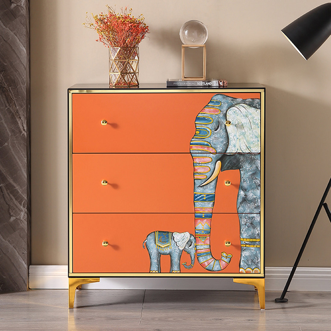 Vivid Space Creation Hand Painted Storage Cabinet With Multi Compartmen